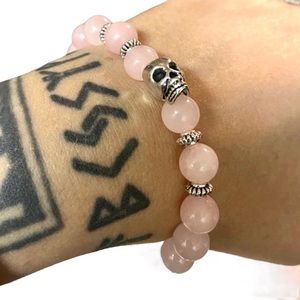 Genuine rose quartz beads silver skull bracelet